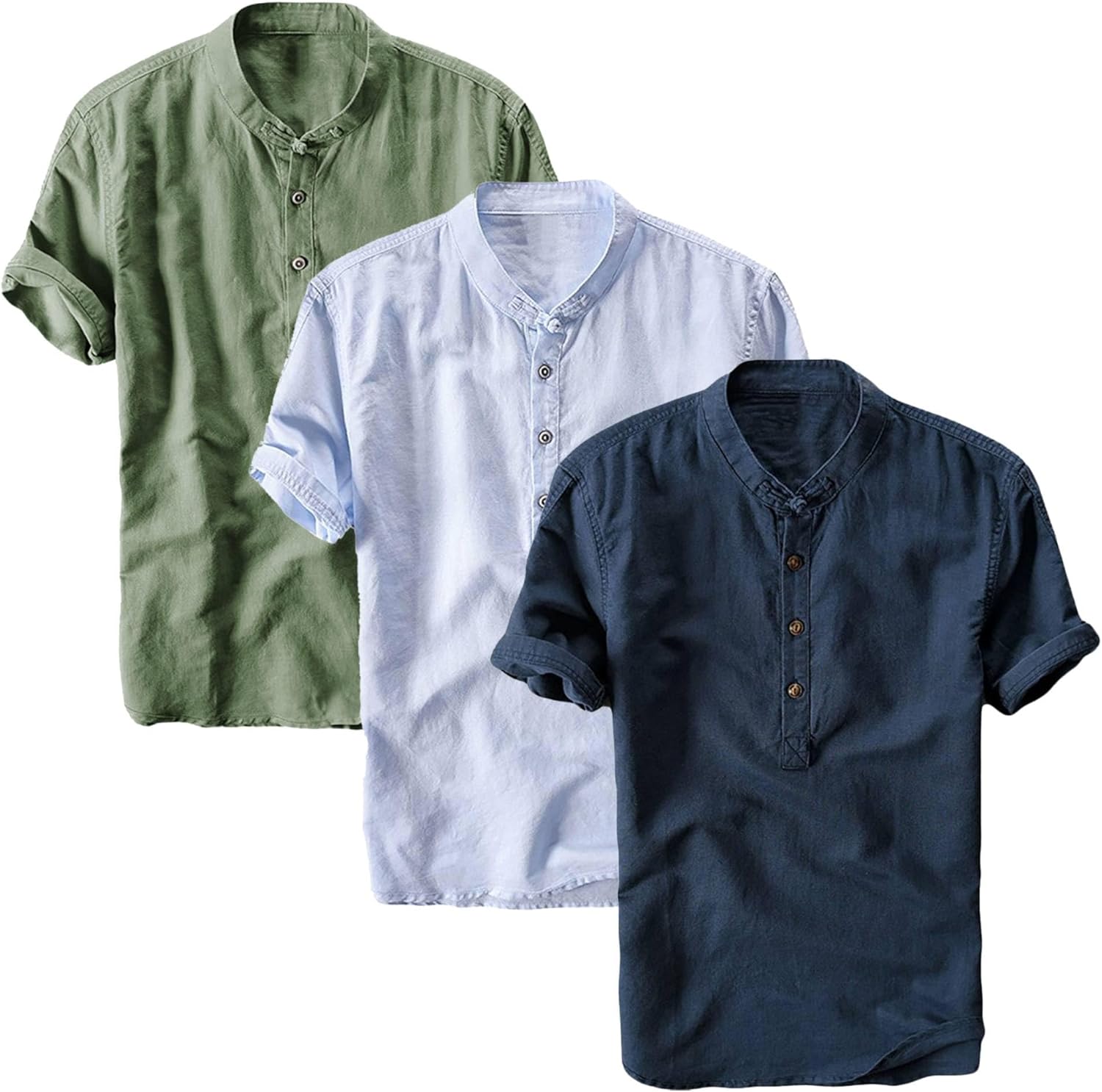 3 Pack Men's Lightweight Cotton Linen Shirt Short Sleeve Henley T-Shirts for Men Summer Casual Beach Tee Tops
