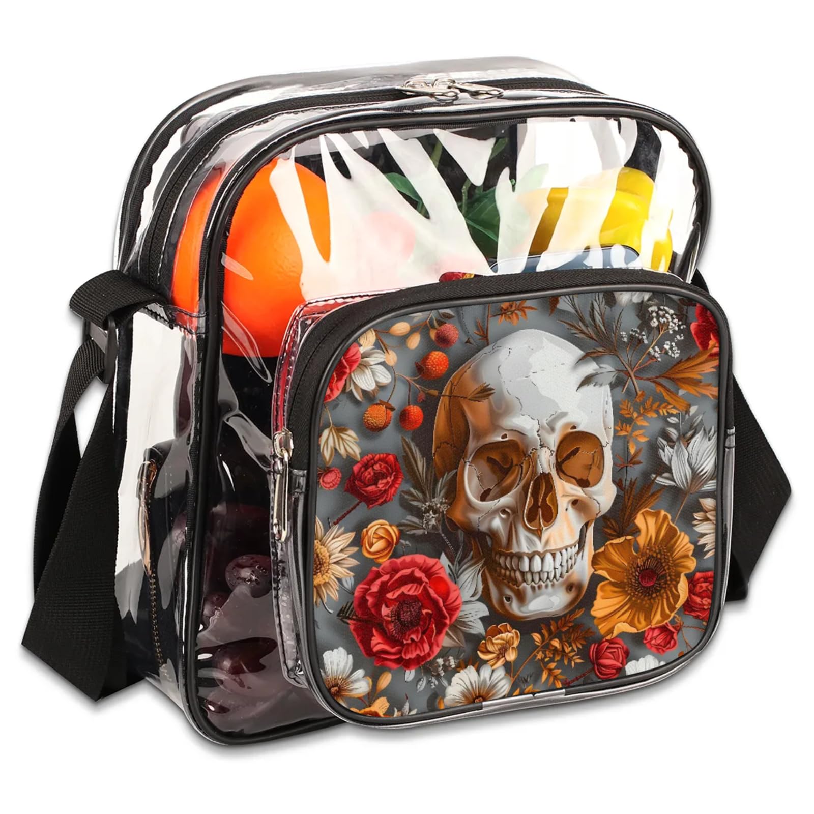 Clear Crossbody Bag Stadium Approved Rose Skull Transparent Bag for Festivals, Sports Events, Concerts,Beach Bag for Women Men Clear Purse with Front Pocket Messenger Bag with Adjustable Strap