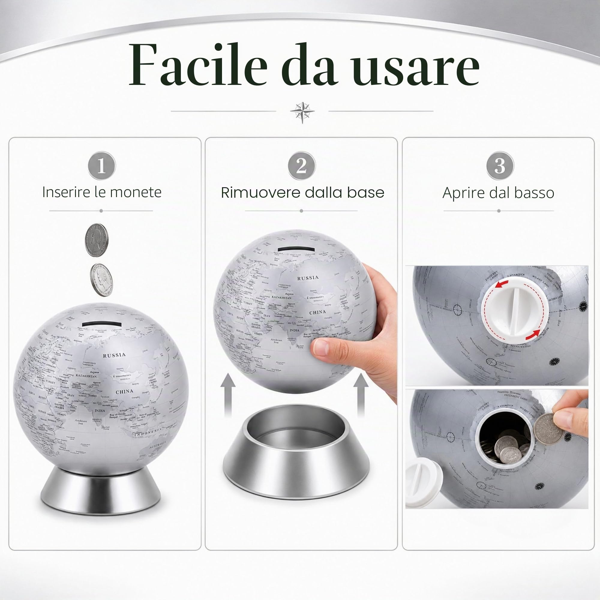 Exerz Salvadanaio Mappamondo/Globo terraqueo Diametro 16cm- mappa in inglese - dall'aspetto metallico contemporaneo - Argento