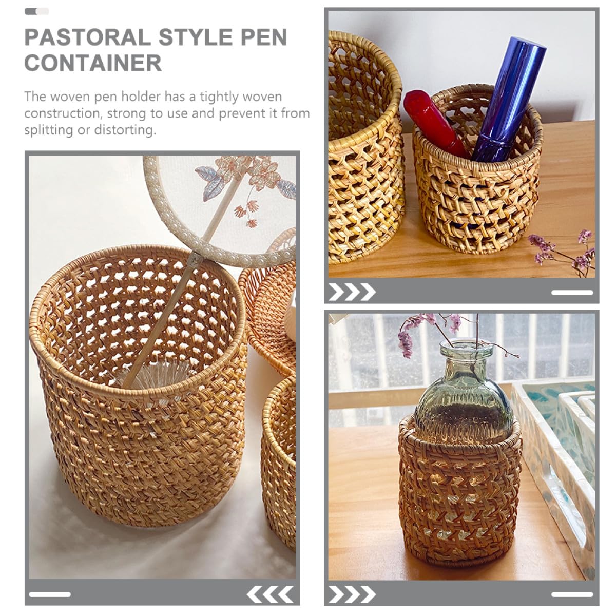 Zerodeko Porte-stylo en Rotin Tressé Naturel, Pot à Crayons Multifonction Petit Format Ø8x8 Cm, Organiseur de Stylos et Pinceaux de Maquillage pour Bureau et Maison