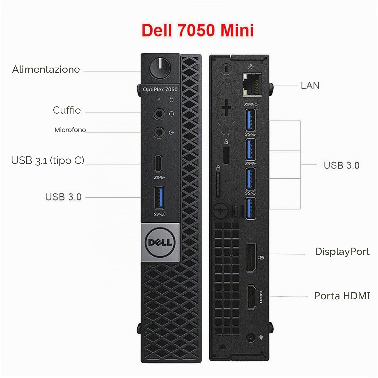 DELL Optiplex 7050 Tiny Mini Pc Computer Fisso Business Intel Core i7 7th, Ram 16 Gb, Ssd 256 Gb, Wifi Usb, Hdmi + Displayport, Windows 11 Pro + Libre Office (Ricondizionato)