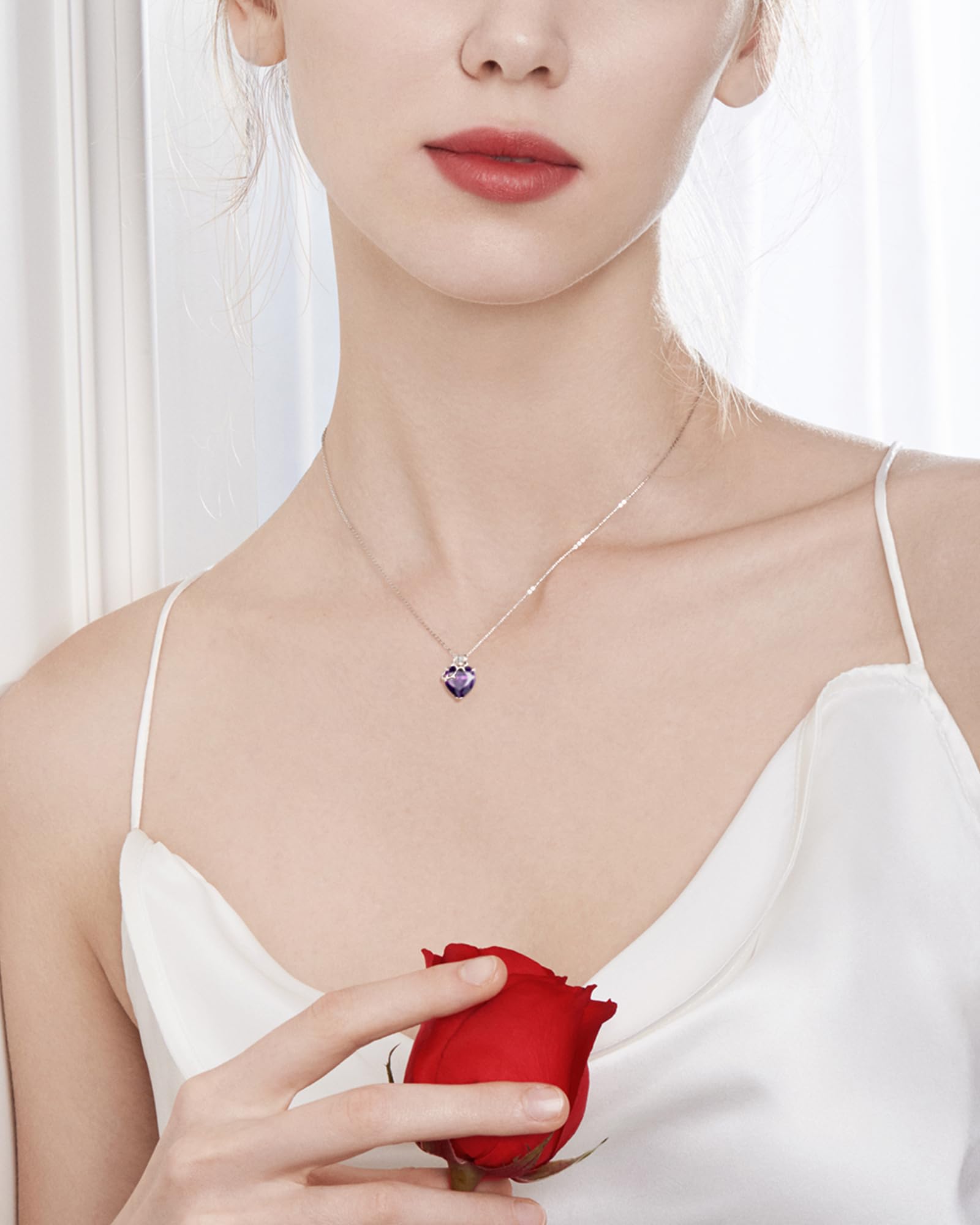 FANCIME 14 Karat Weißgold Rose Anhänger mit Herz & Geburtsstein - Sterlingsilber Kette Weihnachten Feiner Schmuck Geschenk für Damen Frauen