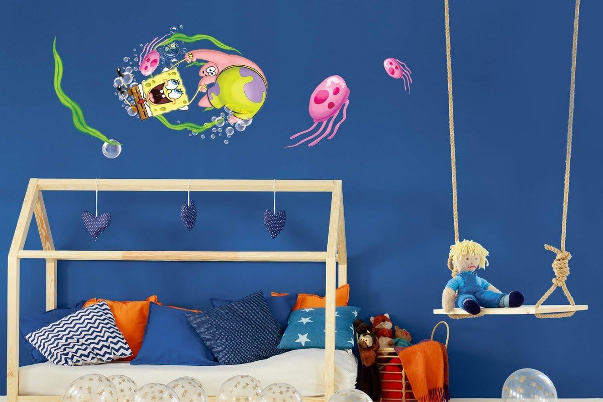 Asian Paints Wall Ons Original Spongebob 'XL' Wall Decal - 'Go Round and Round with Fun' DIY Removable Peel and Stick Wall Sticker - 'Covers H 1.4 ft x W 3.7 ft on The Wall' Home Decor