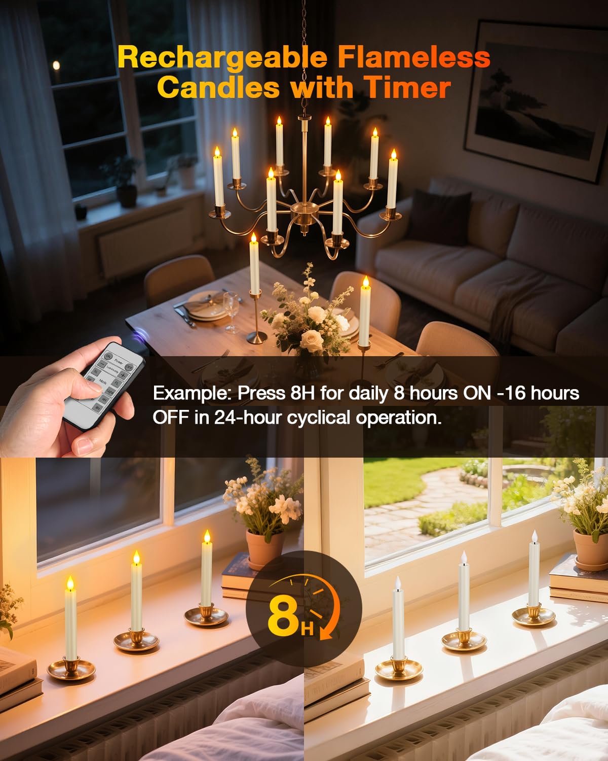 Yme 10er LED Stabkerzen mit Timerfunktion und Ladestation H/D: 17x2 cm | Flackernd Wiederaufladbare Kerzen mit Fernbedienung für Zimmer Tisch Halloween Party Deko Weihnachten Restaurant Hochzeit