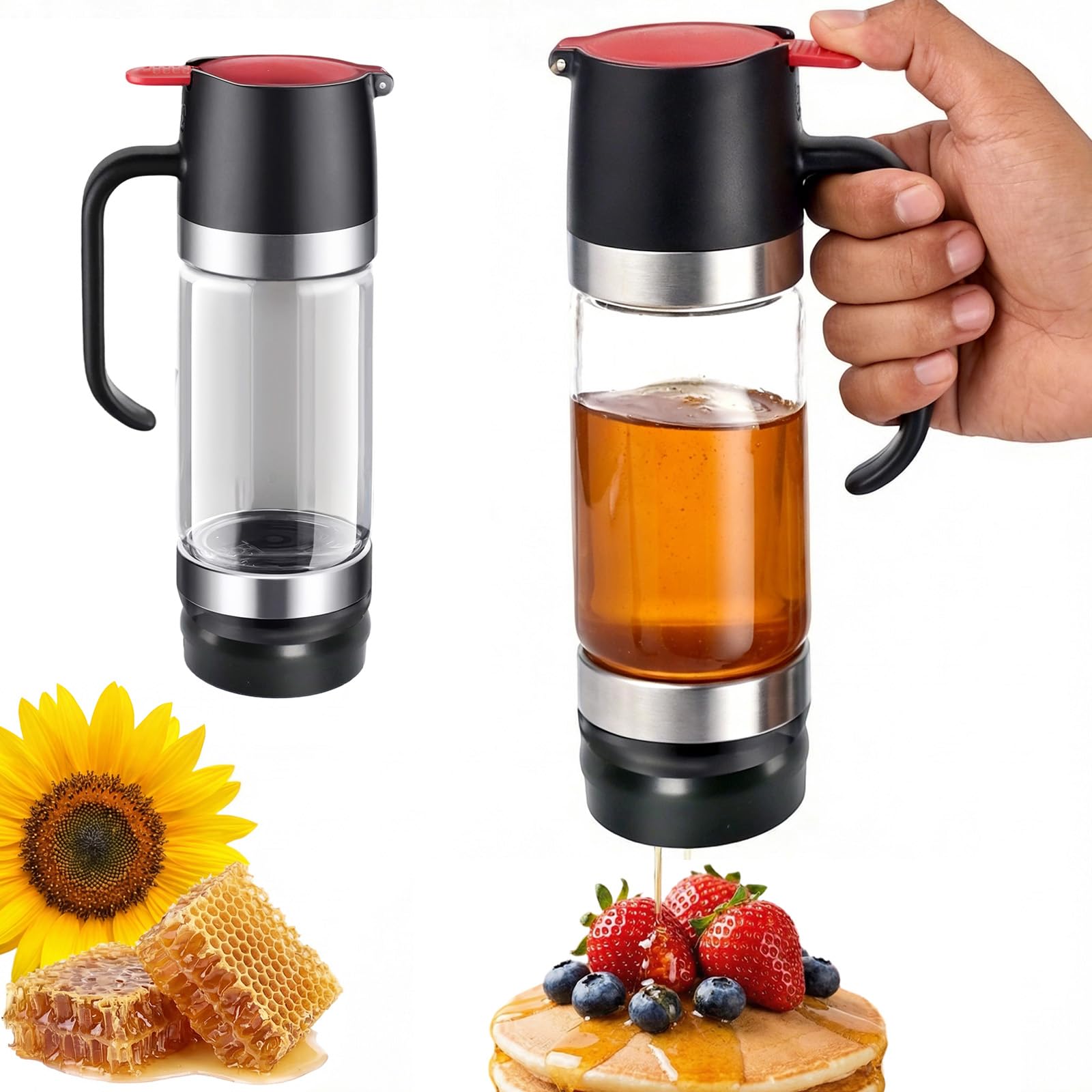 Dexpally 11.8 OZ Glass Honey Dispenser No Drip, Maple Syrup Dispenser Honey Container Jar Ideal for Honey and Syrup Pancake