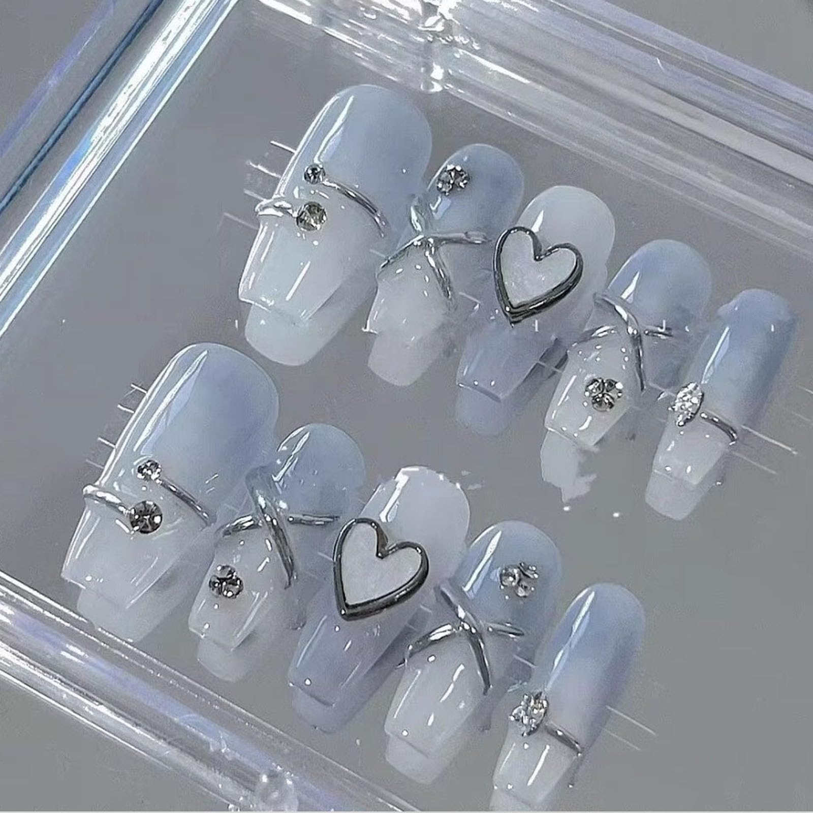 ネイルチップ 3D ロング 青 赤 ピンク 黒 人気 韓国 夏 青 春秋冬 ショート 付け爪 可愛い つけ爪 人気 3D おしゃれ 入学式 卒業式 成人式 結婚式 地雷系ラインストーンキャッツアイ 10枚入おしゃれ (402, S)