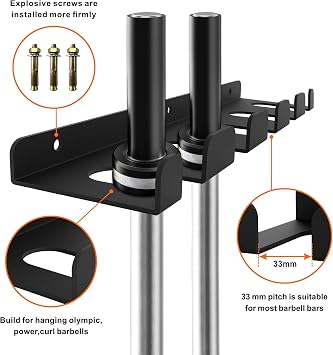 Heavy Duty Barbell Storage Rack, Vertical Hanging Barbell Rack, Wall Mounted Barbell Holder, Olympic Wall Mount Barbell Holder Space Saving Bar Holder Suitable for Garage, Gym, Home Fitness