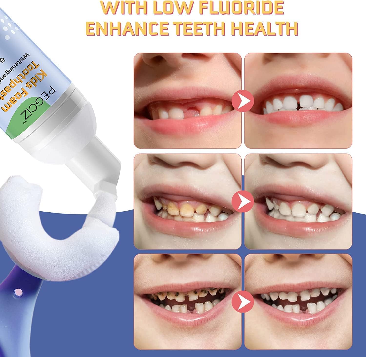 Foam Toothpaste Kids, Toddler Anti-Cavity with Low Fluoride Baking Soda Toothpaste, 360ºCare for Mouth, for Kids Age for 3 and Up, Strawberry & Blueberry & Watermelon Fruity Mix