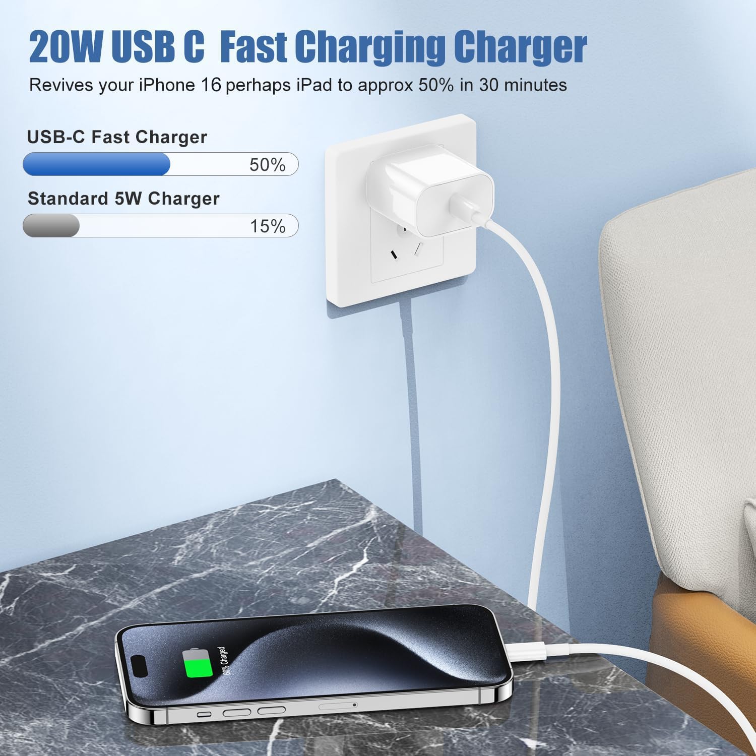 Wall Charger Block for Apple iPhone 16/16 Pro Max/15/15 Plus/15 Pro,Long USB C to C Cable Cord 10ft,20W Type C Fast Charging Plug Power Adapter Cube for iPad AirPods Max 2 (2024)/AirPods Pro 2nd Gen/4