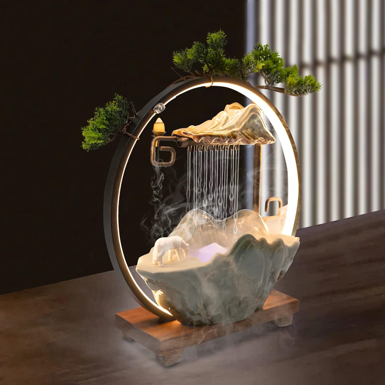 Tabletop Water Fountain, Indoor Waterfall with Round LED Light & Mist Maker and Incense Holder for Home Office Decor for Good Luck Wealth