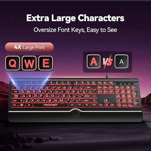 Miniatura 2 de TECKNET Large Print Backlit Keyboard, Wired USB-A Computer Keyboard with Wrist Rest, 7-Color Backlit, Oversized Letter Keys Easy to See