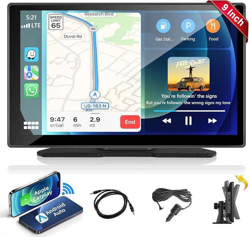 Podofo 9" IPS Autórádió Vezeték Nélküli Apple CarPlay & Android Auto Támogatással - Érintőképernyős Bluetooth Médialejátszó, FM, USB, AUX