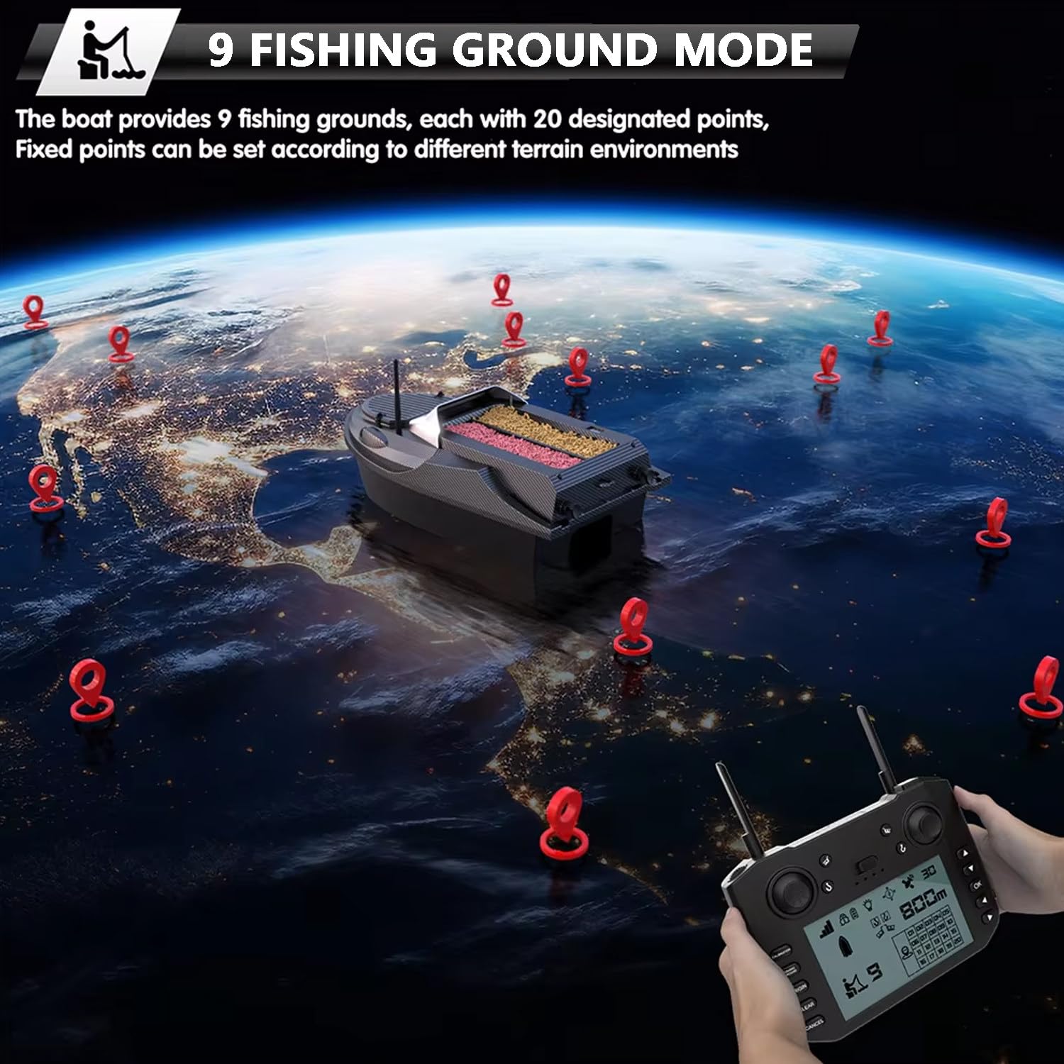 Barco Cebador GPS para Pesca con 180 Puntos, Barco Cebador Pesca, Control Remoto 800m, Doble Tolva 3KG, Retorno Automático, Luces LED, Casco ABS para Lago y Río