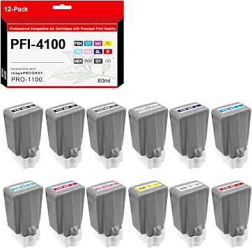 PFI-4100 Ink Cartridge 80ml Pigment Set PFI 4100 Ink Tank Replacement for Canon imagePROGRAF PRO-1100 Printer 12-Pack, MBK/PBK/C/M/Y/R/GY/B/PGY/PC/PM/CO