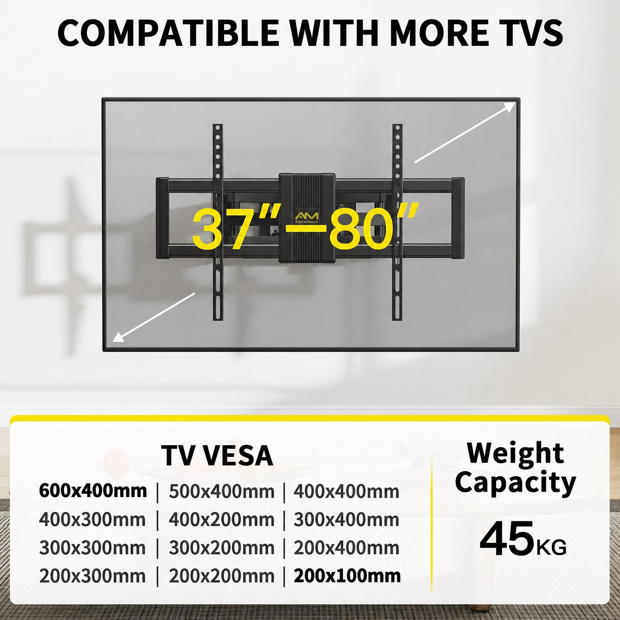 Alphamount Support Mural TV Mouvement Complet pour Téléviseurs de 37 à 80 Pouces Jusqu'à 45 kg, Fixation Murale TV avec Double Bras Pivotant Extensible et Inclinable Max VESA 600x400mm, APLF6
