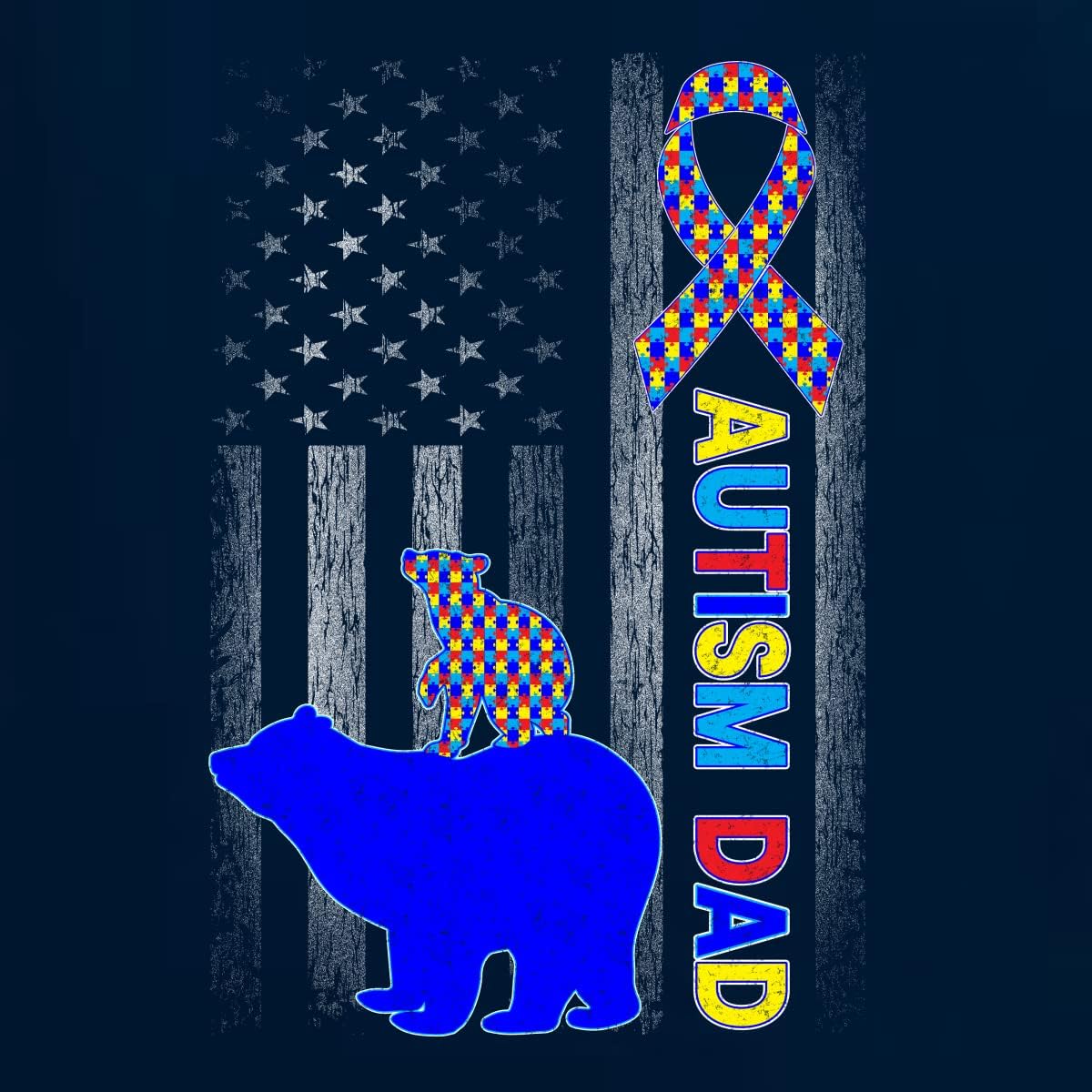 Autism Awareness Month Bear Family | Vintage American Flag | Autism Puzzle Ribbon Mens Long Sleeve Shirt