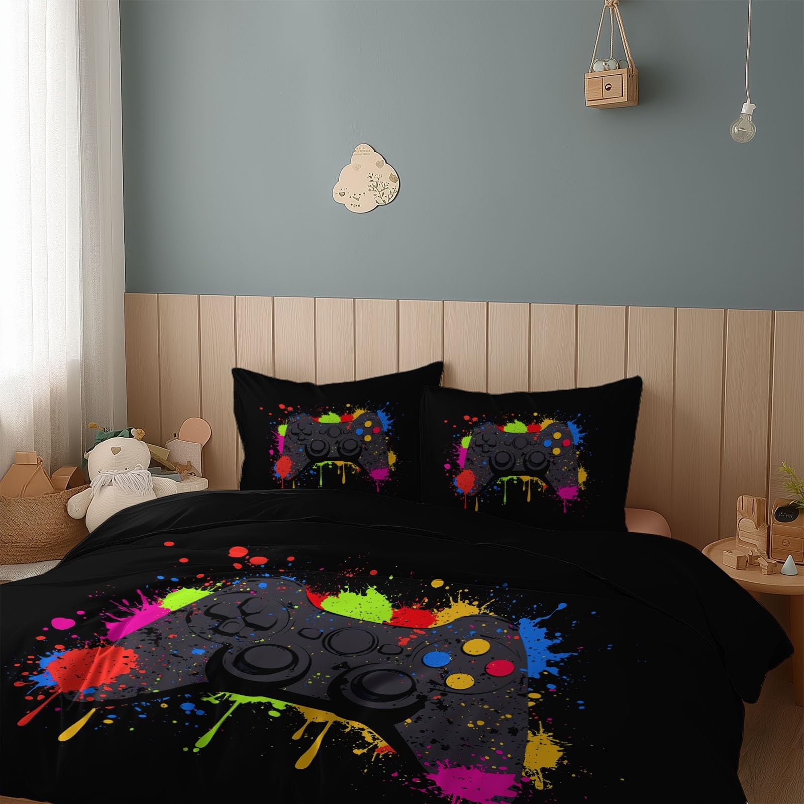 Funda Nórdica Microfibra Cremallera Diseño Suave Juego de Funda Nórdica con Funda de Almohad para Adulto Niños Adolescentes - Cama 135/150-220 x 240 cm Mando de Juego Dibujos Animados Negro