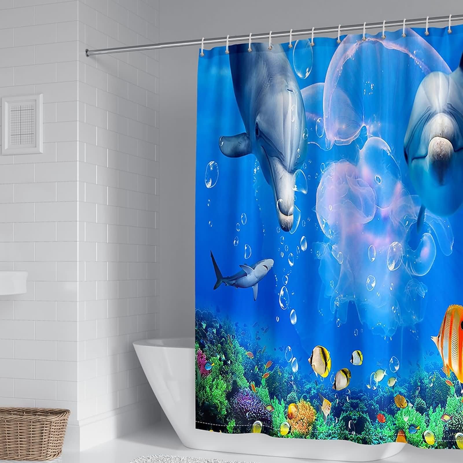 Cortina de ducha rústica, juegos de cortinas de ducha para baño, mundo subacuático, delfín, medusas, azul, verde, poliéster, 66 x 80 pulgadas