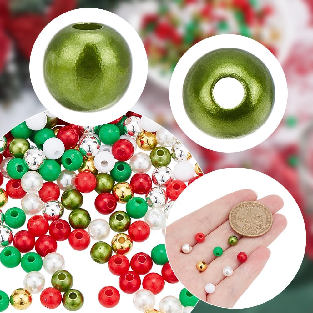 arricraft 1600Pcs Christmas Pearl Beads, 8 Styles 6mm Acrylic Round Imitation Pearl Bead Red Green Gold White Plastic Loose Spacer Beads for Christmas Jewelry Making DIY Craft Earrings - Image 3