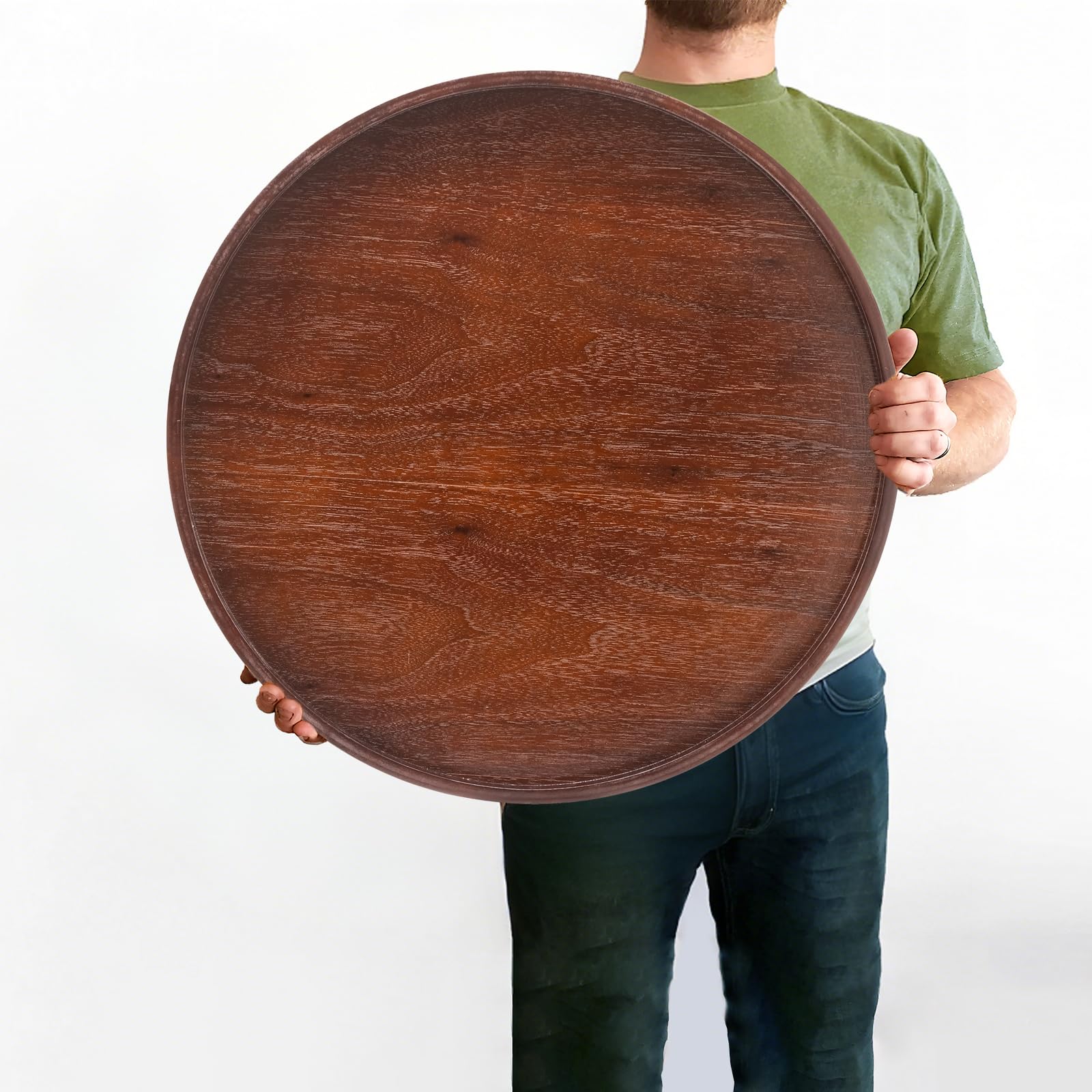 Extra großes, rundes Serviertablett aus Massivholz, klassischer Tee-/Couchtisch, dekoratives Ottoman-Tablett, Serviertablett für Frühstück im Bett, Snacks, Lebensmittel, Küche, Party, Bar, erhöhter