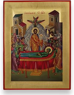 BlessedMart Dormition of the Theotokos Icon - Premium Quality Greek Orthodox Byzantine Icon, Handmade on Natural Solid Wood, Gift Ready - Ships in a Box