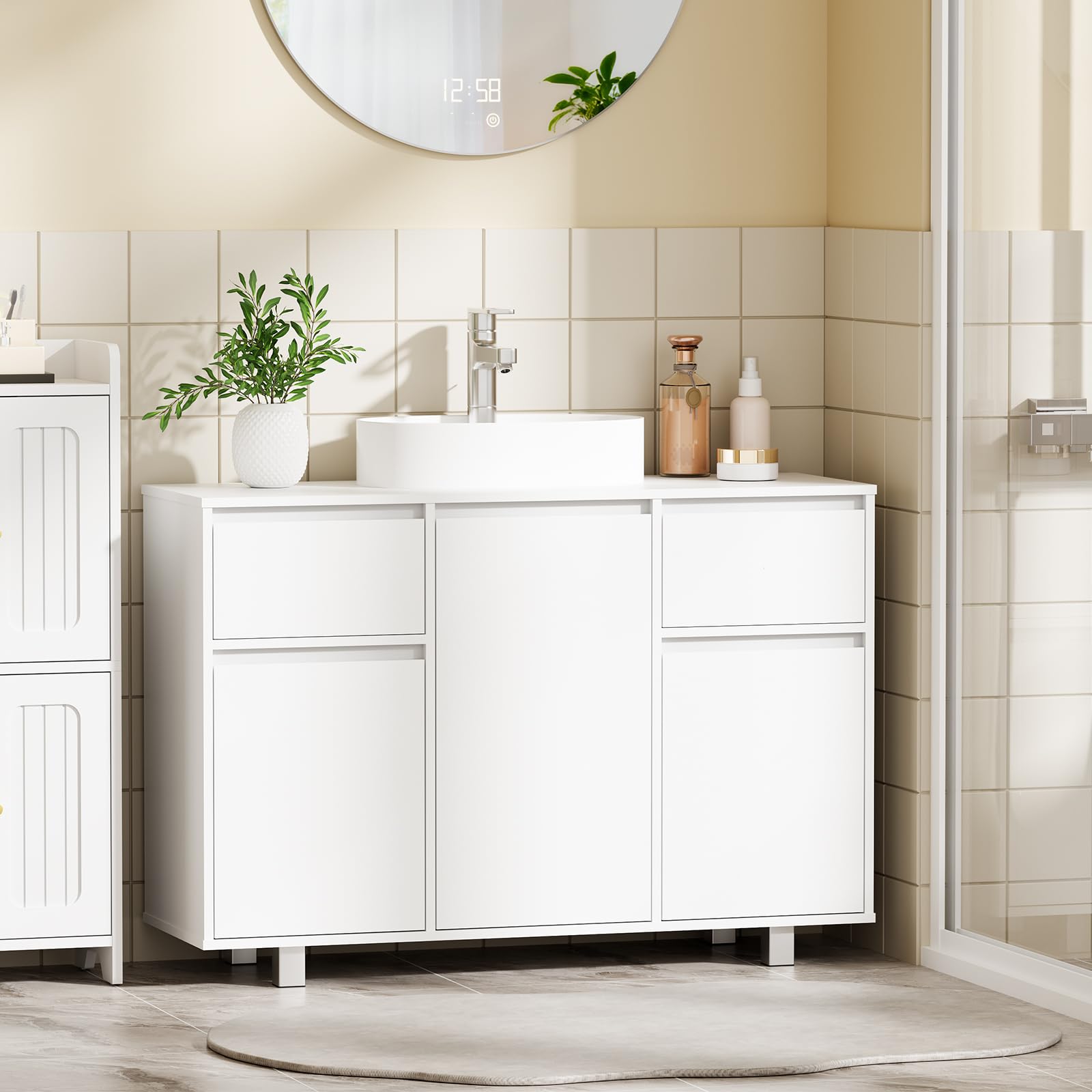 BEWISHOME Waschbeckenunterschrank, Badezimmerschrank mit 2 Schubladen 3 Schrankfächern,Viel Stauraum, Unterschrank Waschbecken mit Füßen, Maße 90 x 30 x 62.5 cm, Weiß