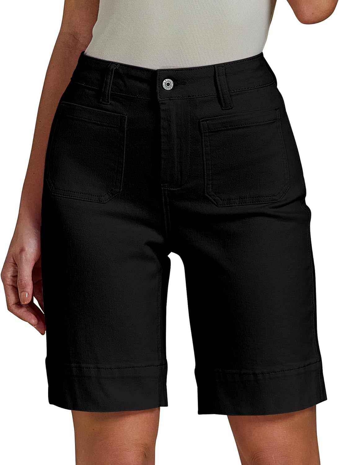 luvamia Bermuda Shorts for Women High Waisted Trendy Patch Pocket Casual Vintage Long Stretchy Denim Shorts Summer Jorts