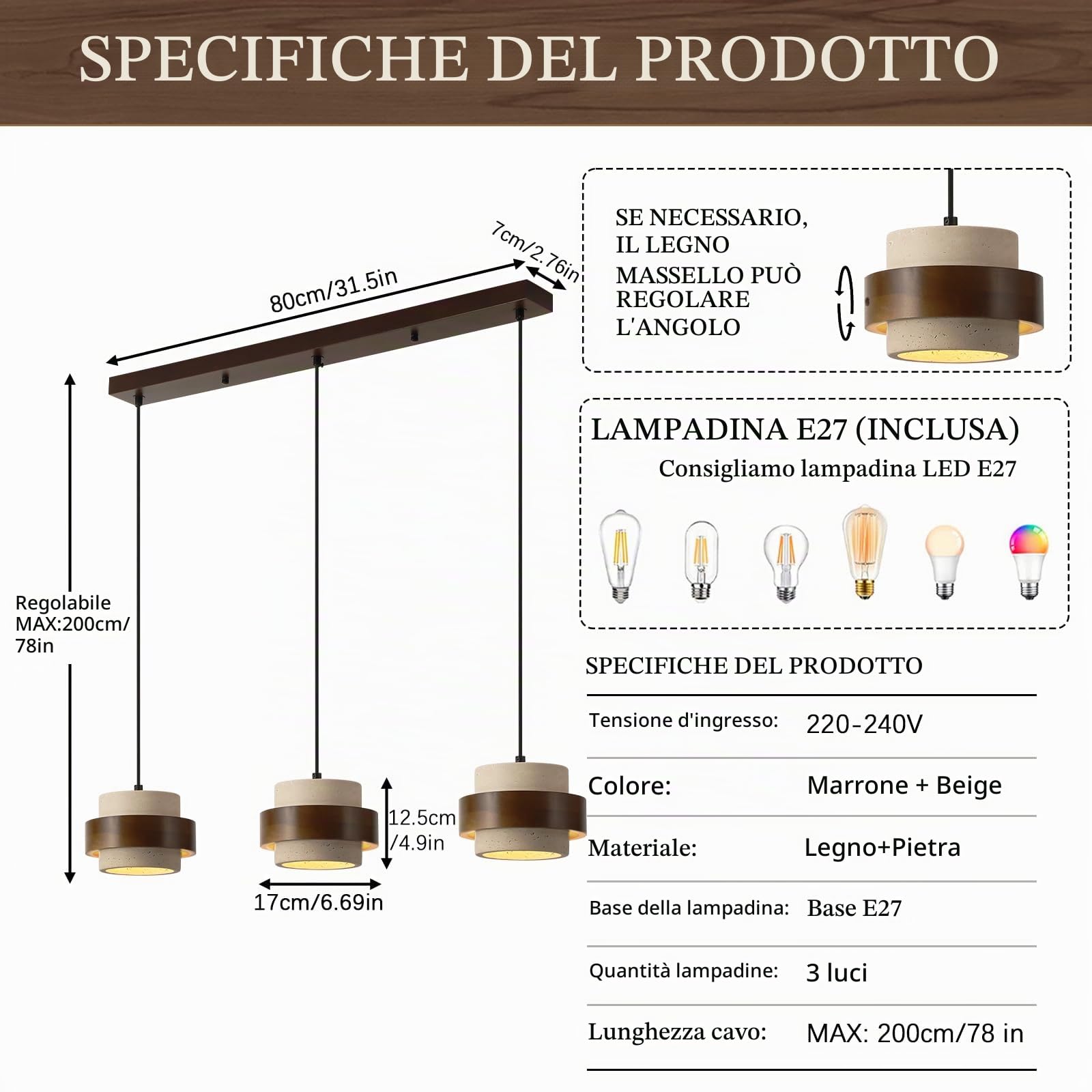Lampadario Sospensione LED 3 Teste Stile Giapponese Wabi sabi Travertino Giallo Altezza Regolabile Lampadari Sospensione in Legno Lampadario Moderno per Soggiorno Cucina sala da pranzo Anello Legno