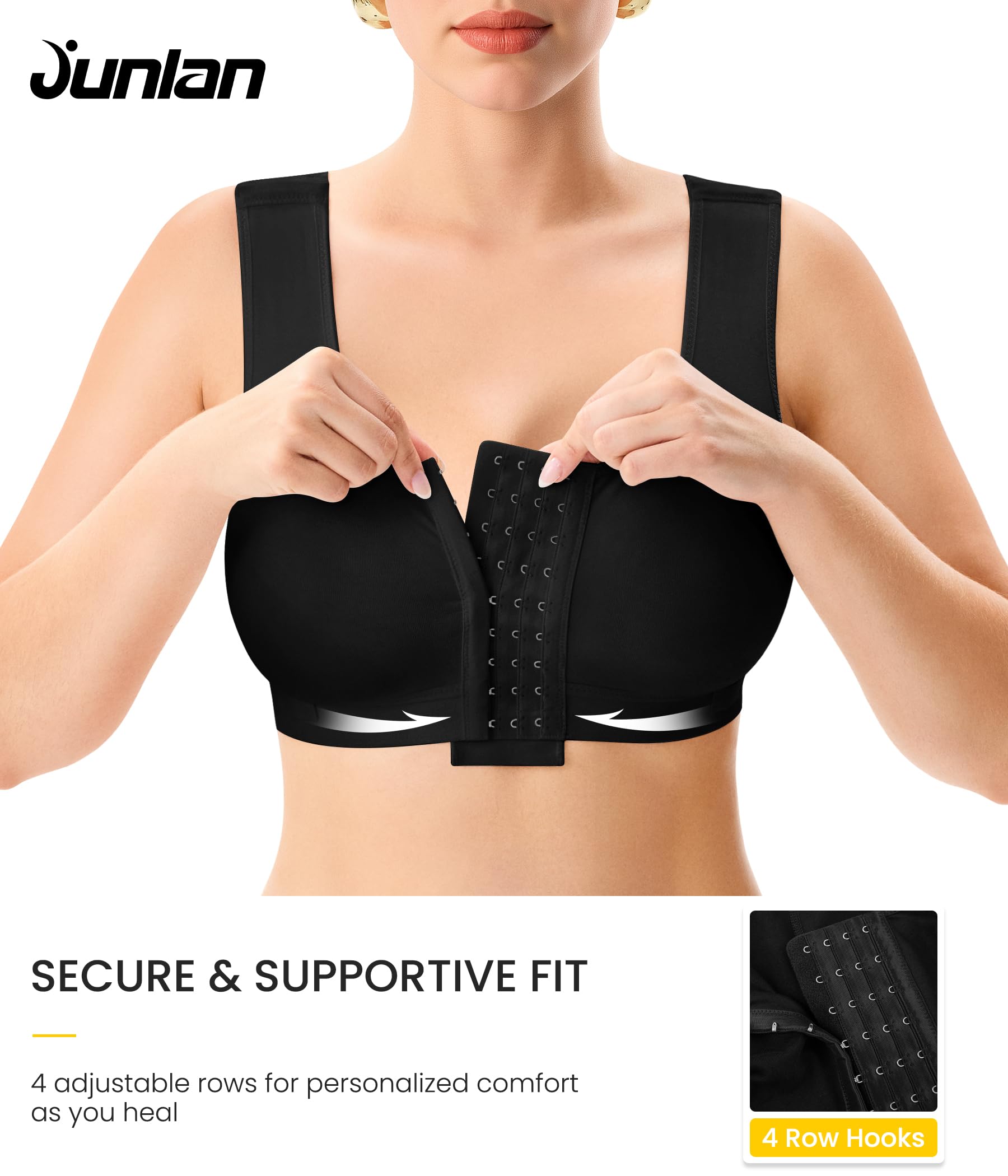 Junlan Femme Soutien-Gorge Post-Opératoire Compression,Boucle Avant, Bretelles Réglables sans Armatures, Racerback, Minimiseur Forte Poitrine – Bustier de Sport Confortable Yoga Récupération