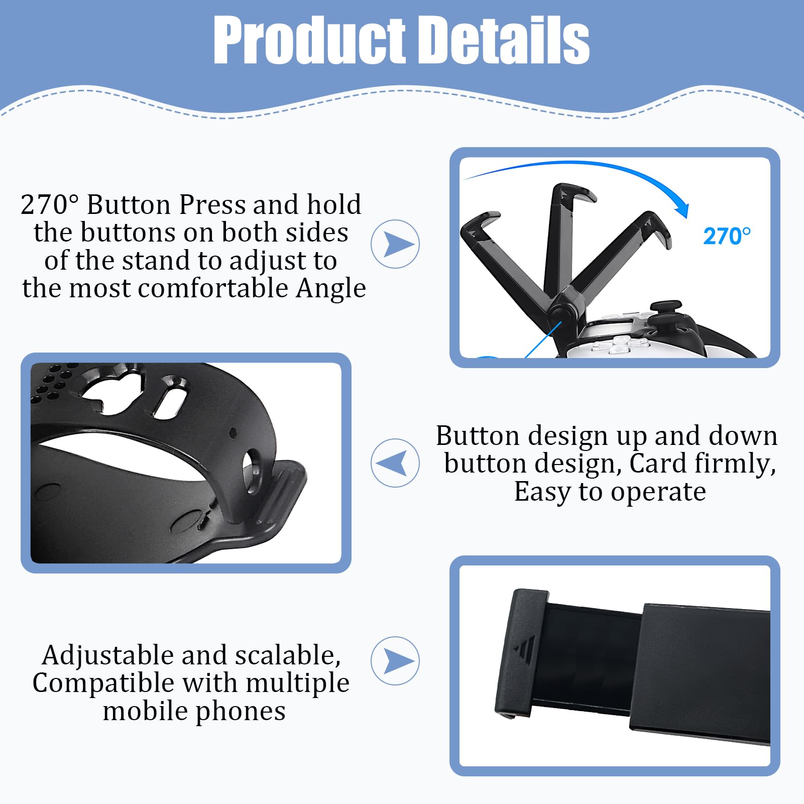 Yewseas Accesorio Clip de Juego Compatible con Mandos, compatible con controlador, Soporte para Teléfono para compatible con Controlador Negro, Clip Ajustable para, Soporte Plegable para Móvil