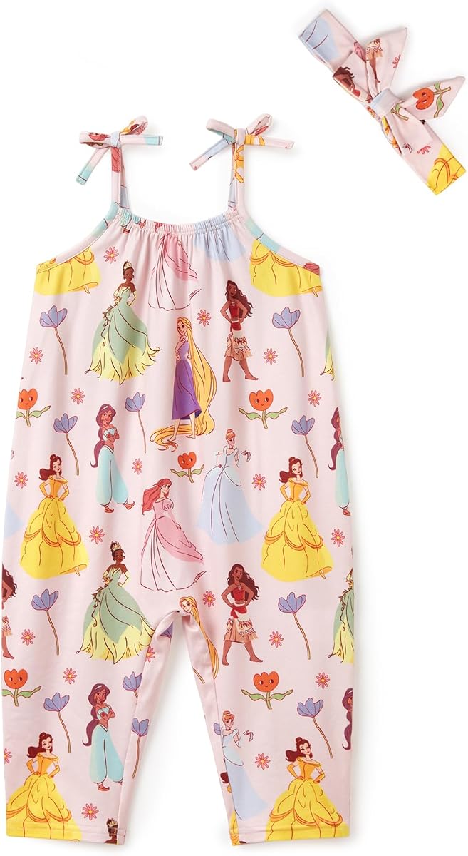 Disney Frozen Elsa Princess Minnie Stitch Marie Girls Romper with Bow Tie Strap and Headband Cute Jumpsuit for Baby & Toddler