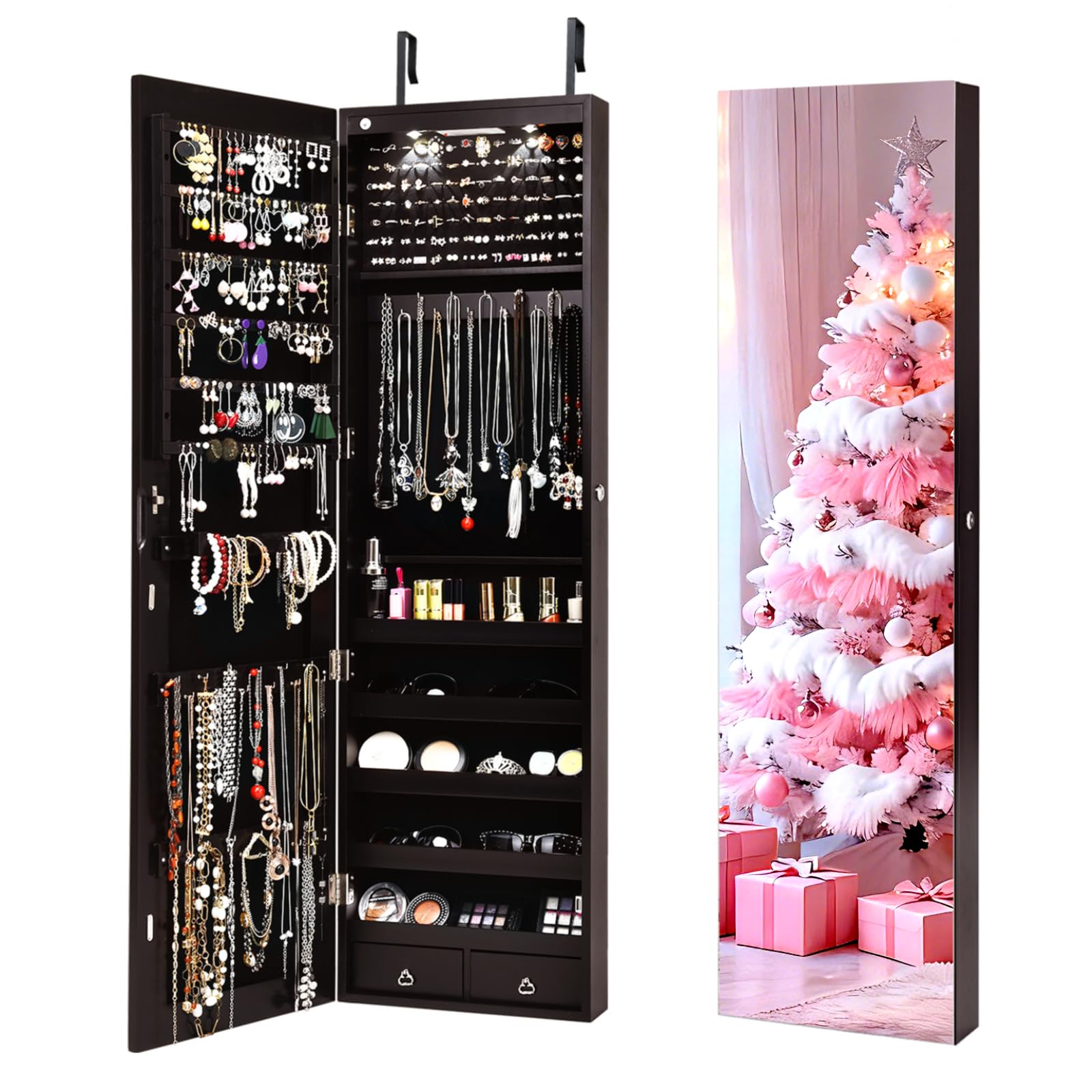 NAFORT 2 LEDs Mirror Jewelry Cabinet, 47.5-Inch Tall Wall or Door Mounted Jewelry Organizers and Storage with Frameless Full-length Mirror, Lockable Jewelry Armoire with 2 Drawers, Espresso