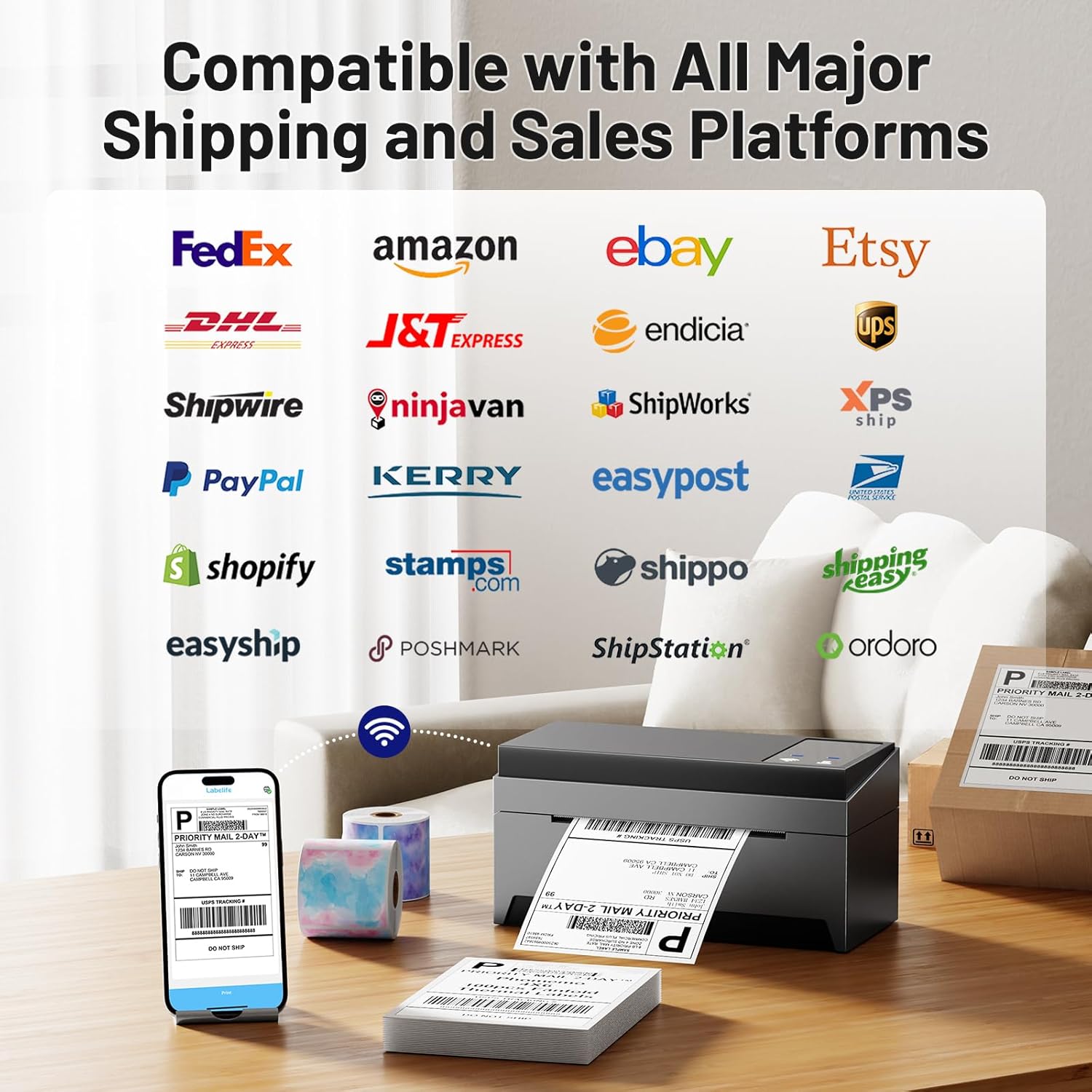 Logos of various e-commerce and shipping platforms, indicating compatibility with the Phomemo 249 printer.