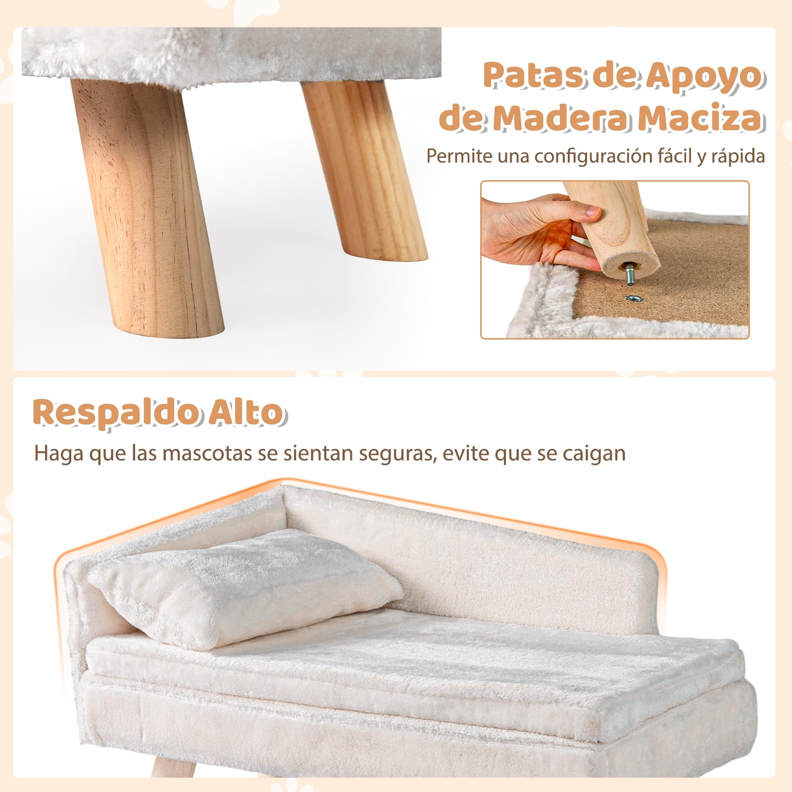 GOPLUS Cama Elevada para Perros y Gatos, Sofá para Perros con Cojín Suave Extraíble y Patas de Madera, Capacidad 30 kg, Cama para Mascotas de Tamaño Mediano y Pequeño, 71 x 43 x 40 cm (Blanco)