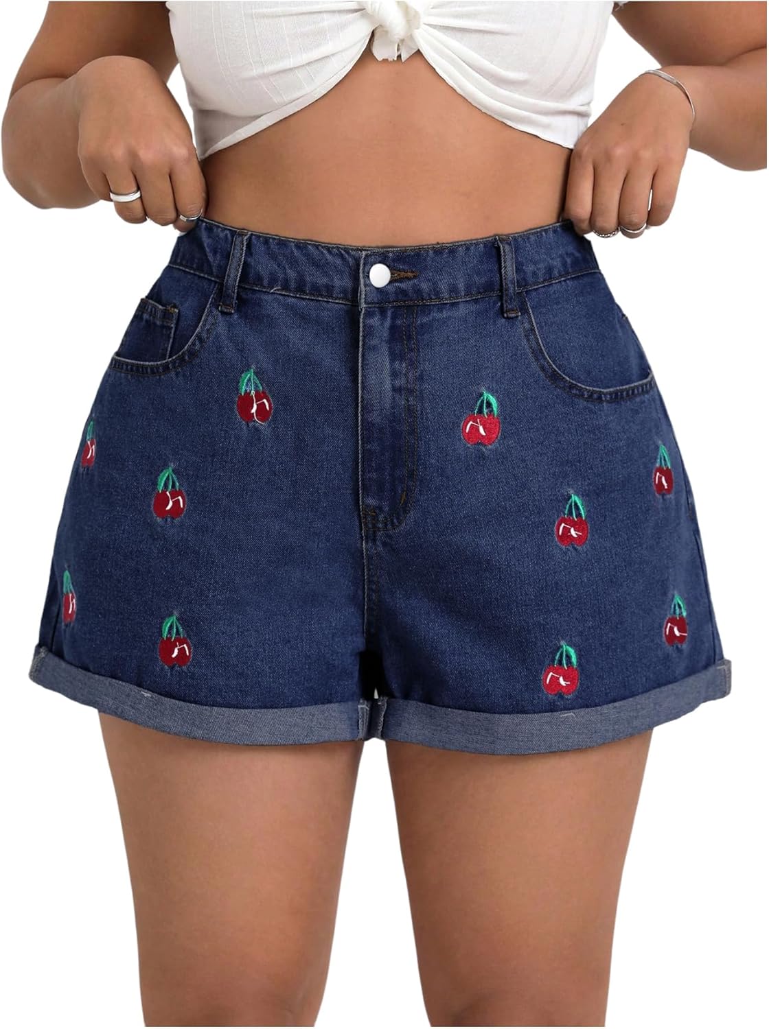 WDIRARA Women's Plus Size Cherry Embroidery Wide Leg Denim Shorts High Waist Rolled Hem Shorts