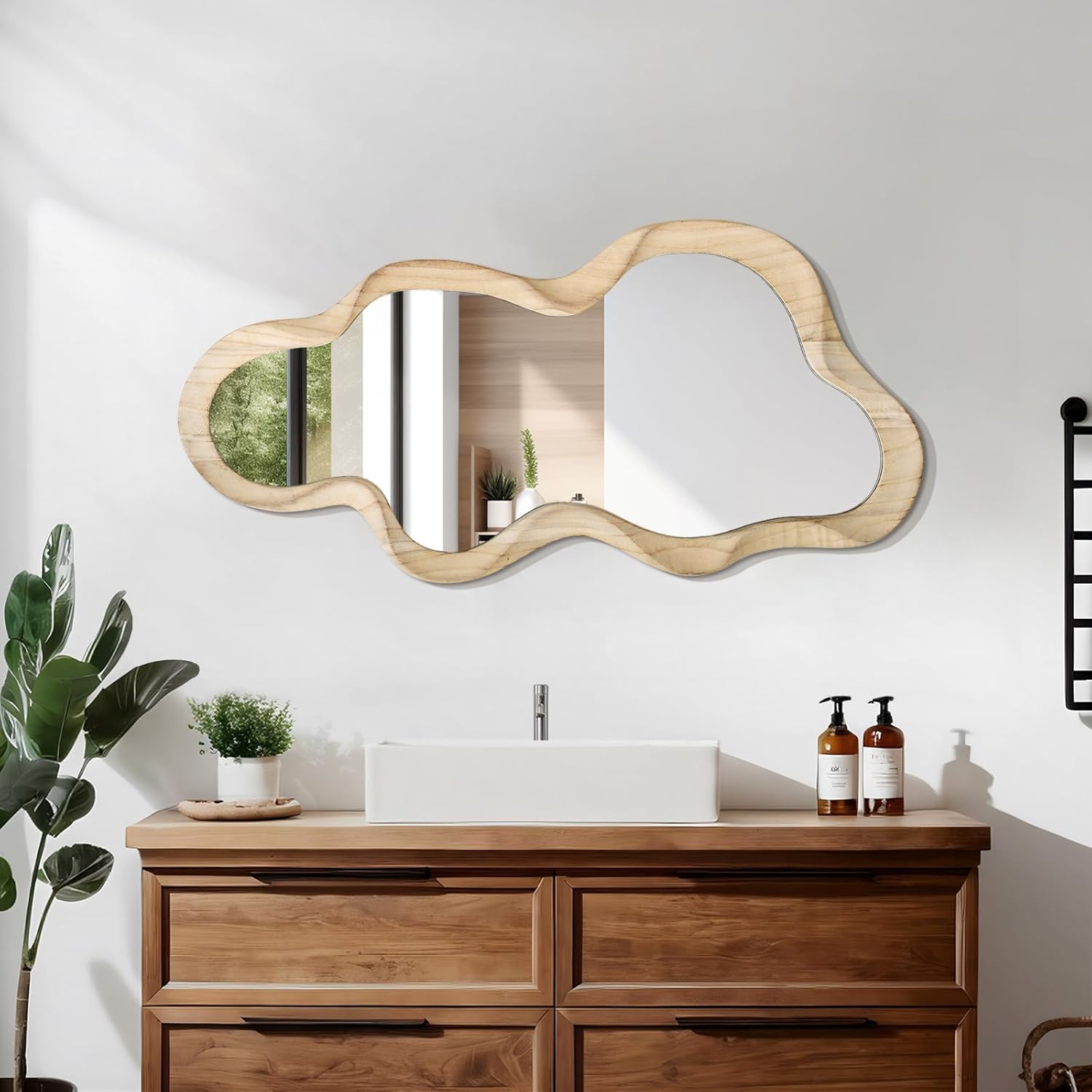 Asymmetrical Cloud Wavy Mirror, Large Irregular Wall Mirror, Modern Wood Frame, Unique Artistic Mirrors, Cute and Stylish, Decorative for Cloakroom, Bedroom, Living Room, Bathroom, Entryway