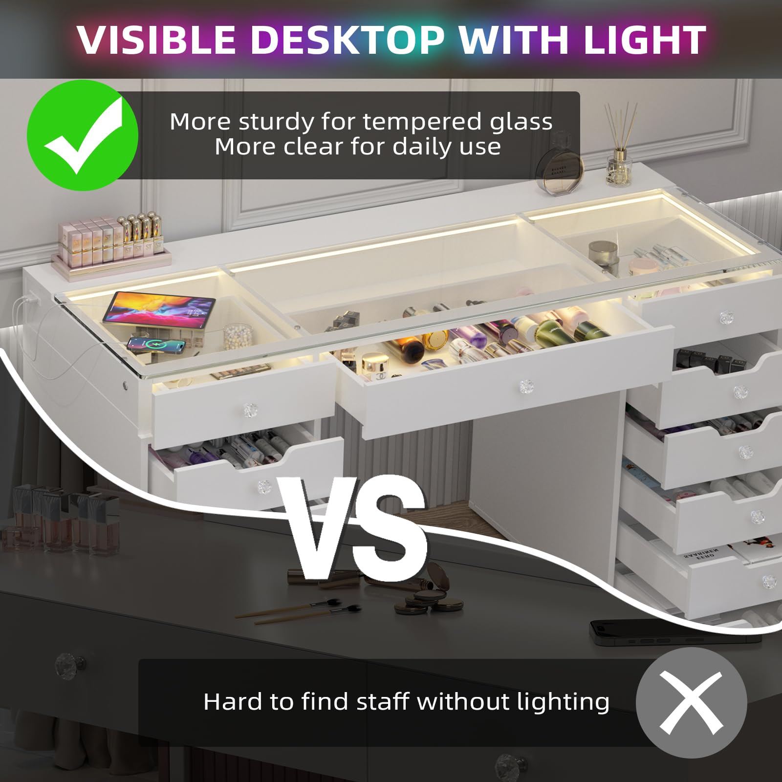 HUAHUU Vanity Desk With Lighted Mirror & Glass Top, Makeup