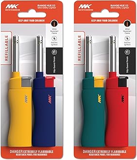 MK Candle Lighter, Butane Refillable Wind-Resistant Flame, 4-Pack for BBQ, Camping, Outdoor Use, Random Color (Hue-4PC)