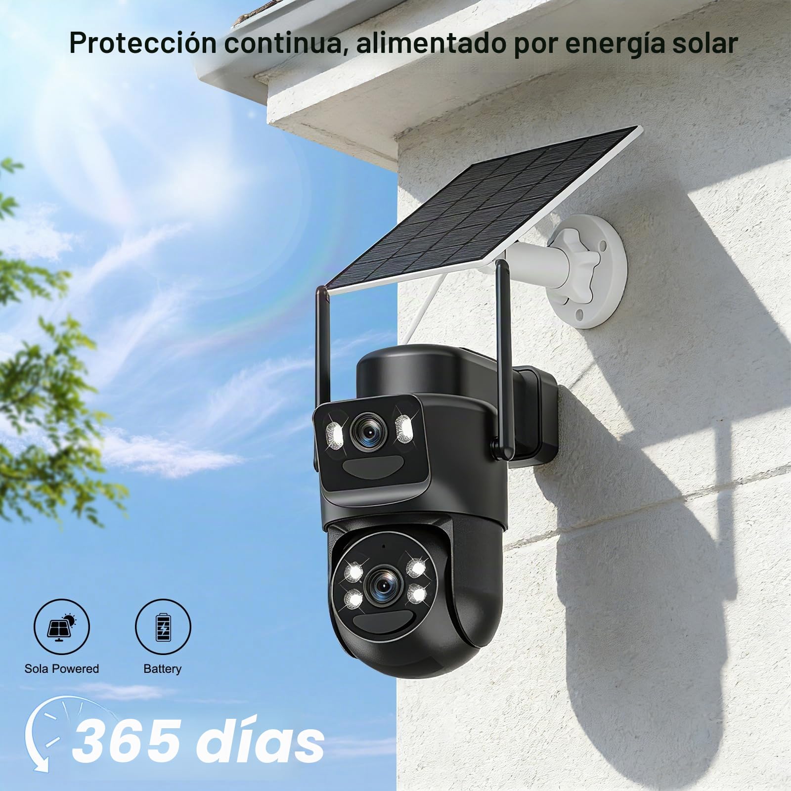 4K Cámara Vigilancia WiFi Exterior Solar con Doble Lente,Panel Solar 6W,360° PTZ,Detección Humana PIR,Audio Bidireccional,Visión Nocturna en Color,2.4G/5GHz,IP66