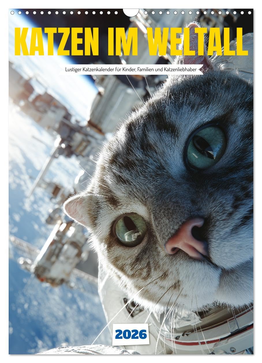 Cats in space - funny cat calendar for children, families and cat lovers UK-Version (Wall Calendar 2026 DIN A3 Portrait), CALVENDO 12 Month Wall Calendar — image 1