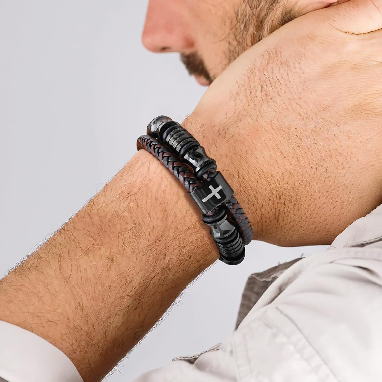 Christian Brown Leather Bracelet for Men - Double-Row Braided Leather Faith Cross Bracelets Bangle Religious Baptism Inspirational Bible Verse Jewelry Gift for Young Men Teenage, Adjustable Wristband - Image 2