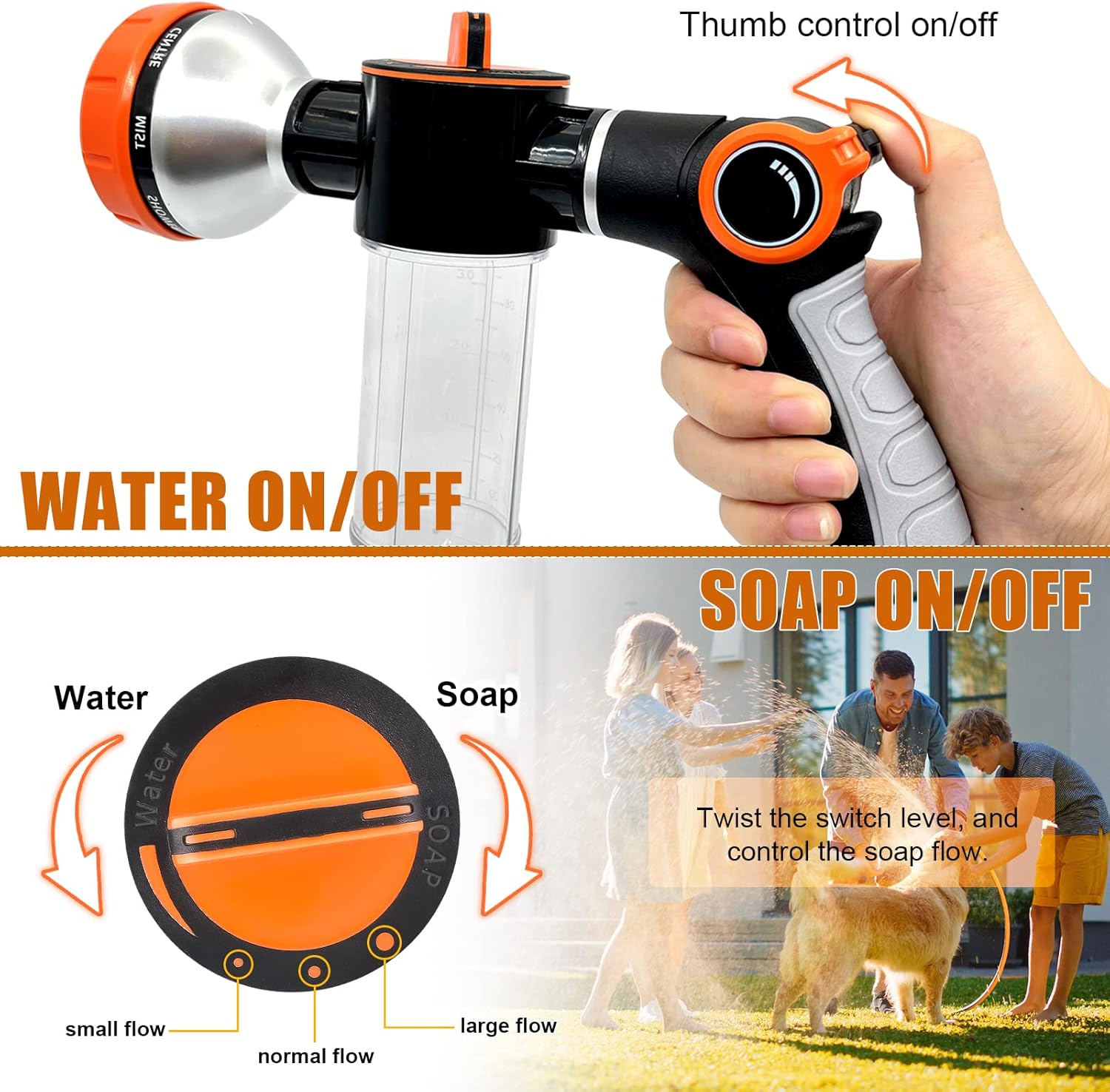 8 in 1 Garden Hose Nozzle Sprayer, Upgrade Dog Wash Hose Attachment with 3.5OZ/100CC Soap Dispenser Bottle and Dog Shower Brush, Ideal for Watering Flowers, Car Washing, Dog and Horse Bathing thumbnail