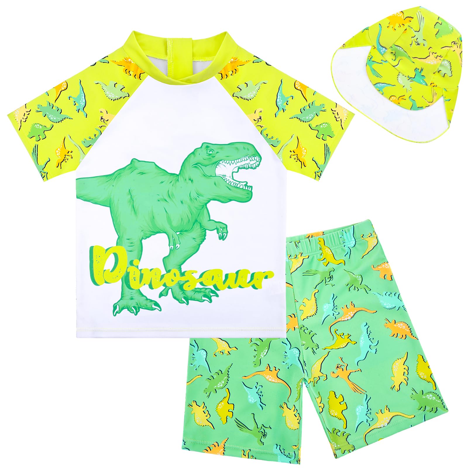 Boys Two Piece Rash Guard Swimsuits Kids Short Sleeve Swimwear Sets Bathing Suit with Sun Hat for 2-6 Years