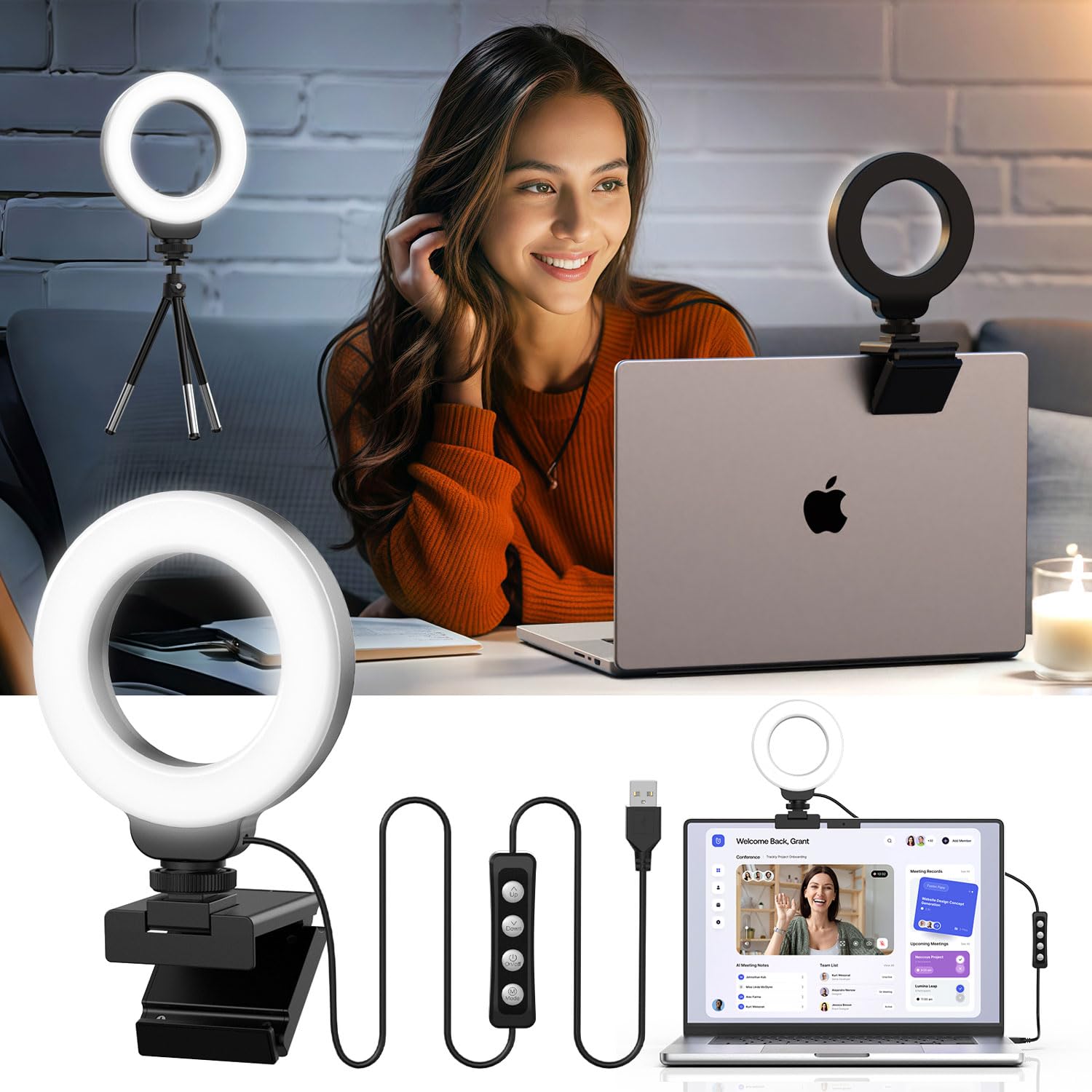 FDKOBE Ring Light for Laptop/Computer,Zoom Call, 4'' Small Video Conference Lighting with Webcam Style Mount and Tripod,3 Light Modes&10 Brightness Levels,Selfie