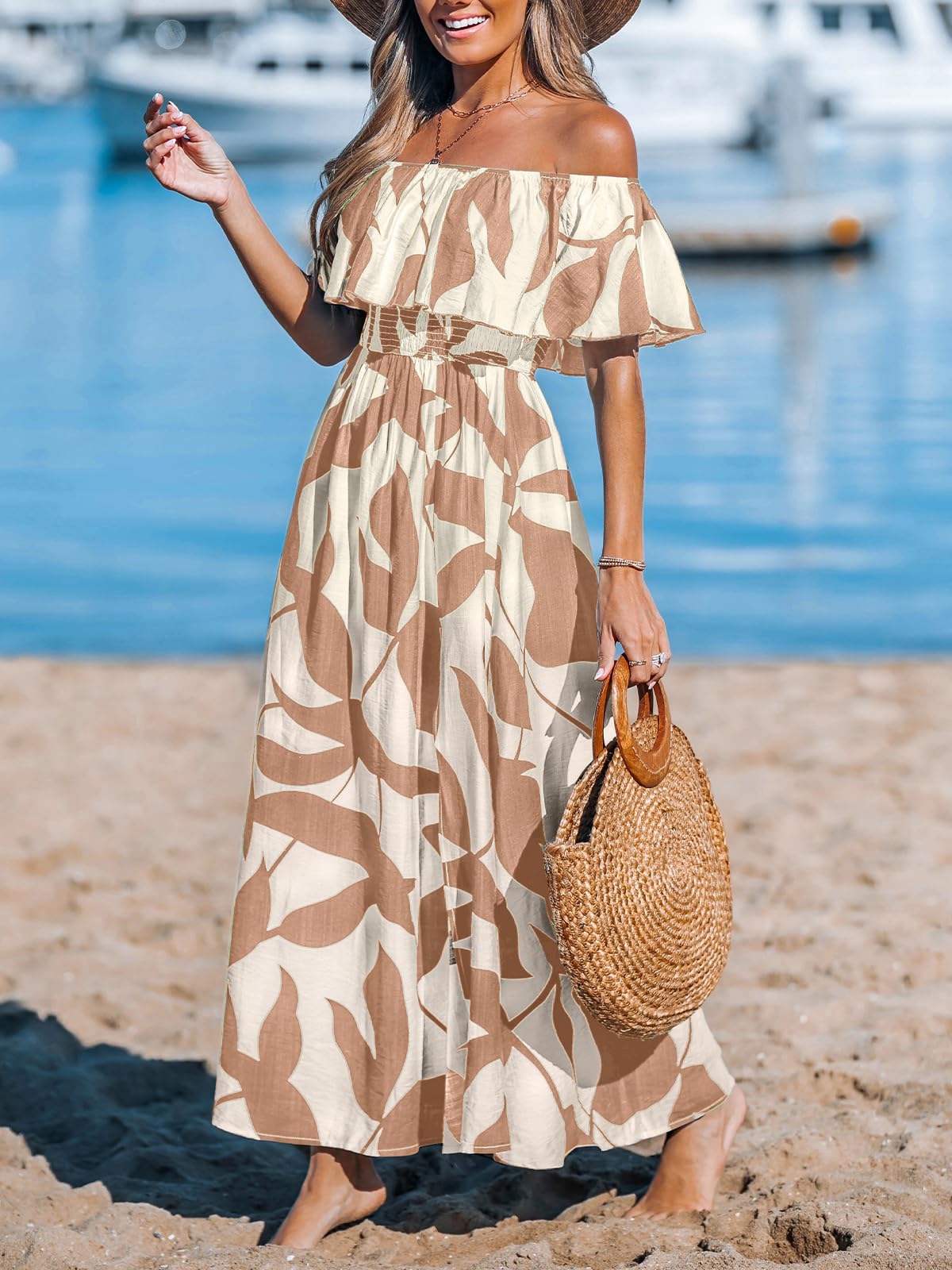 CUPSHE Abito per Donna Estate A Forma Abiti con Spalle Scoperte Maxi Lunghezza Ruffle Aderente Vita Stampato Tropicale