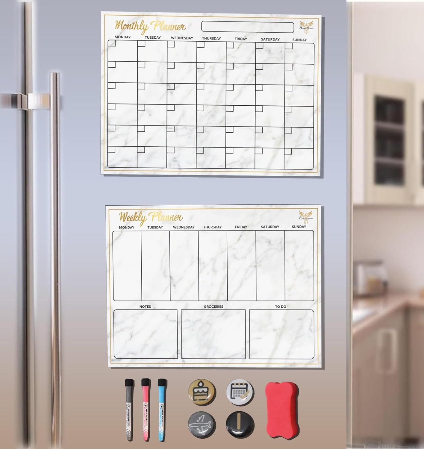 Magnetic Refrigerator Calendar, 18 pc Magnetic Monthly Calendar, Calendar and Weekly Planner, Dry Erase Planner for Wall Fridge or White Board, Fridge Calendar