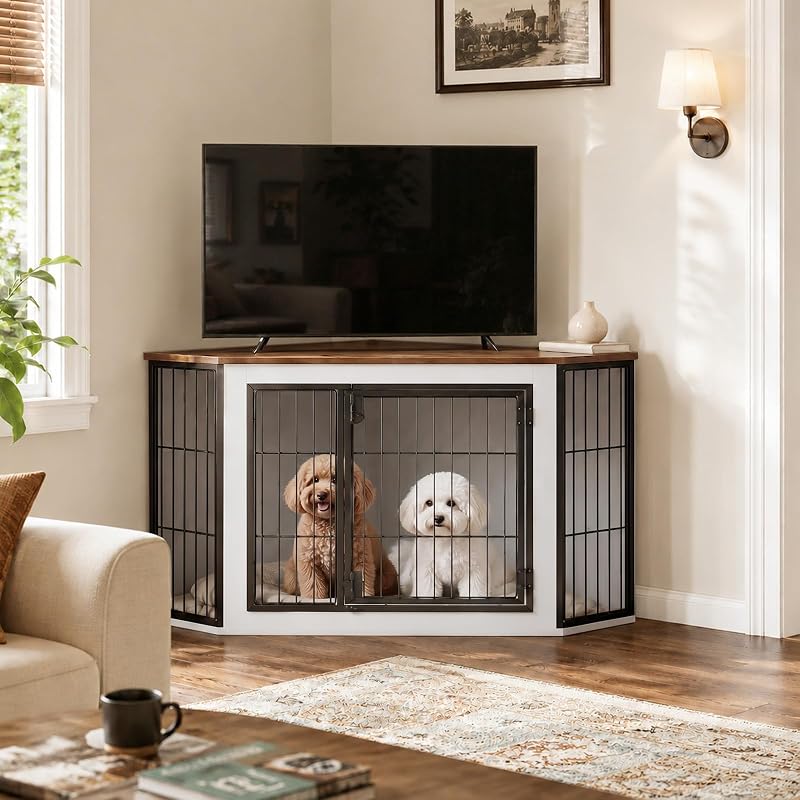 HOOBRO Corner Dog Crate Furniture, Decorative Dog Kennel End Table, Farmhouse Dog Crate TV Stand for Small and Medium Dogs, Walnut, White and Black BWH90GW03 image 7