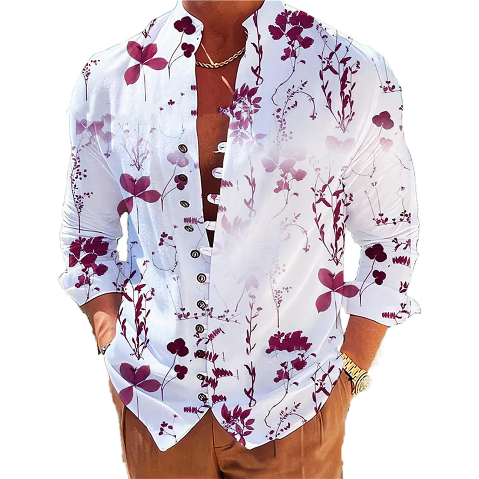 Keepmore Men's # 2 Casual Button Down Shirts Weeds And Leaves Long Sleeve Streetwear Henley Shirts Summer Beach Hawaiian Shirts