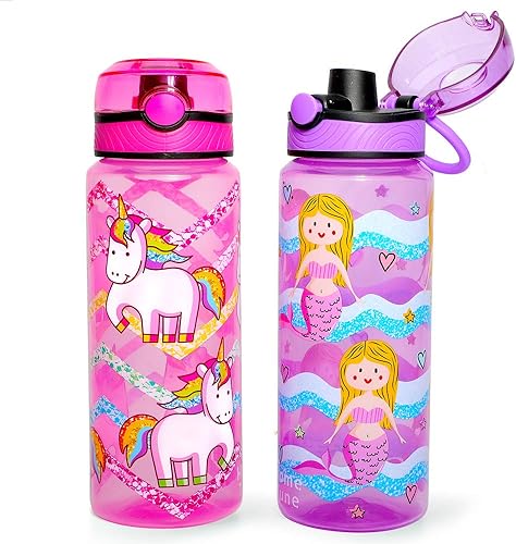 Home Tune Paquete de 2 botellas de agua para niños de 23 onzas, sin BPA, botón de empuje automático, tapa de pico, lazo de transporte, botella de