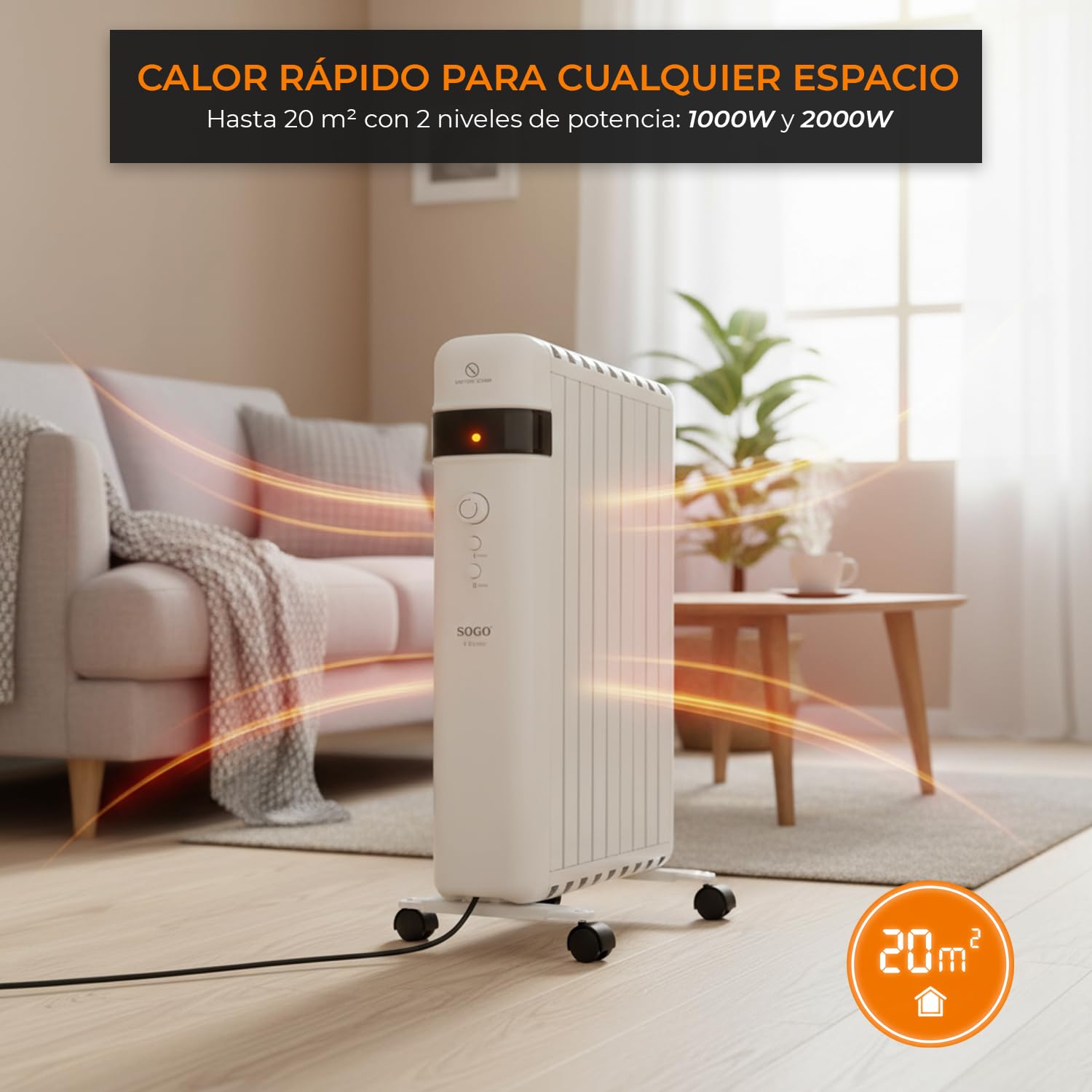 SOGO Calefactor Eléctrico Bajo Consumo Silencioso con Termostato Ajustable - Estufa Eléctrica sin Aceite 2000W con Protección Sobrecalentamiento - Radiador Portátil para Hogar, Oficina, Dormitorio